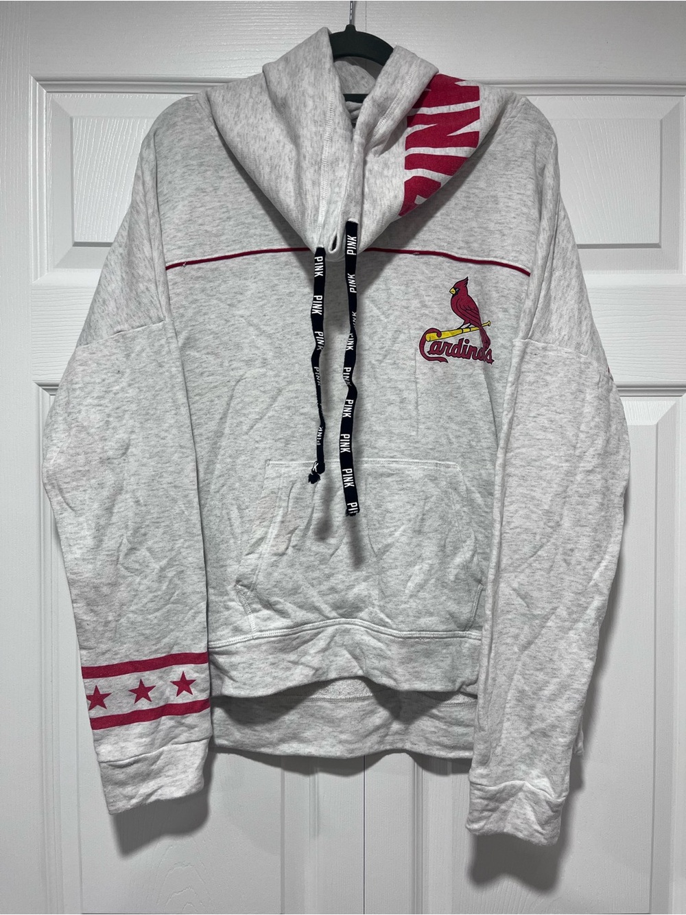 PINK Victoria's Secret Light Gray Pullover Hoodie with Red Cardinals Logo